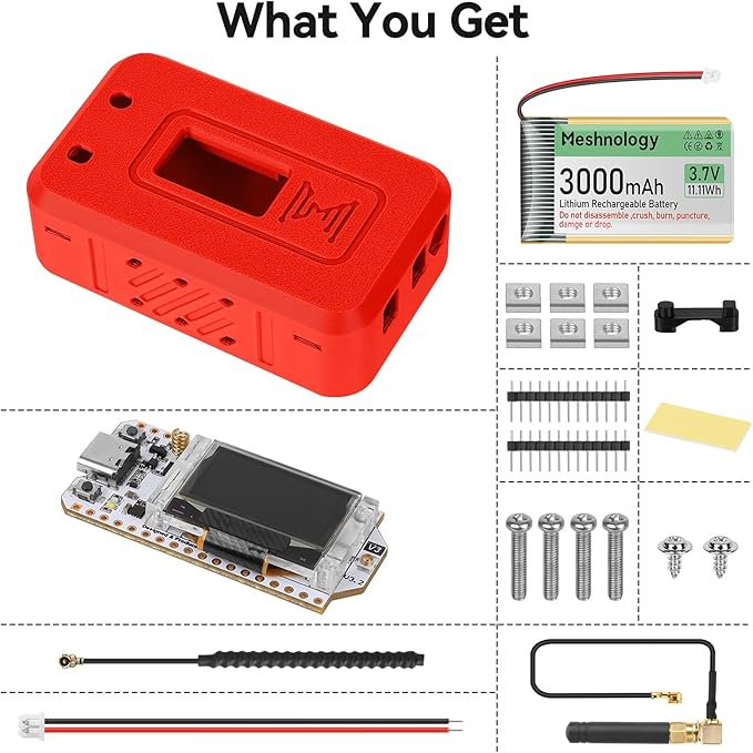 Meshnology 1 Set ESP32 Lo Ra V3 Module Board with 915 MHz Antenna + 3000mAh Battery + Case - with WiFi Blue Tooth SX1262 CP2102 0.96” OLED Display Type C for Ar duino Mesh Tastic IOT (N35, Red)