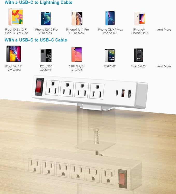 Desk Clamp Power Strip with PD20W USB-C, 2 in 1 Dual Layer Under Desk Power Strip, Removable Clamp Power Socket with 10AC Outlets & Switch, 10ft Extension Cord(ETL Listed)