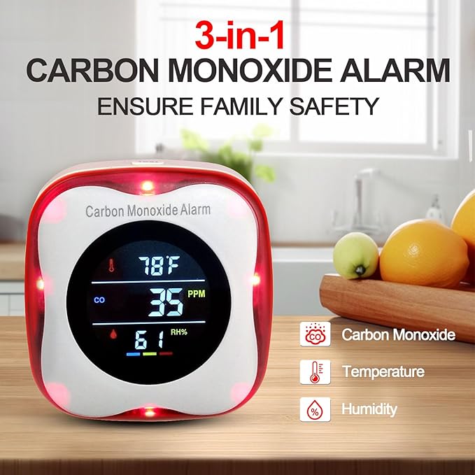 Vzmcov Plug-in Carbon Monoxide Detector with Real-time CO Display and Temperature and Humidity Monitor, Suitable for Home, RV, Apartment, Indoor air Safety Plug-in CO Compact Alarm