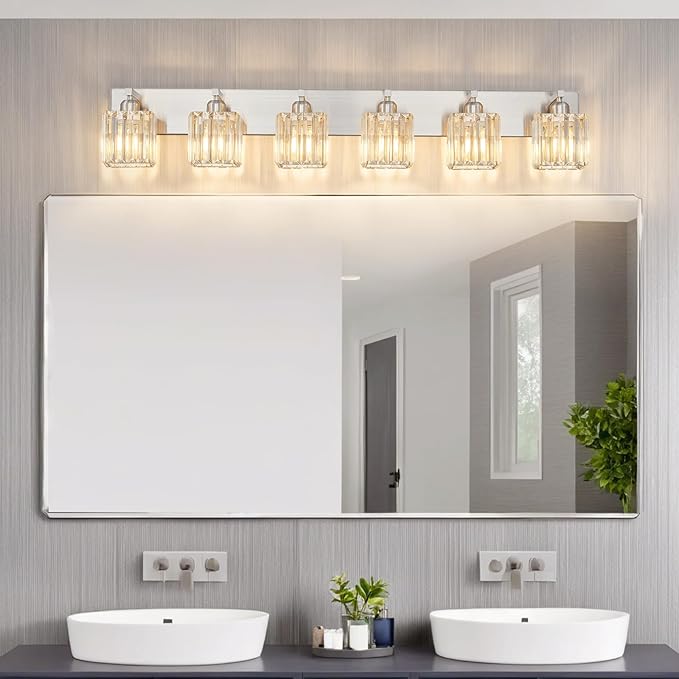FDPBY Modern Vanity Light 6-Lights Brushed Nickel Vanity Light Crystal Bathroom Wall Light Bathroom Light Fixtures