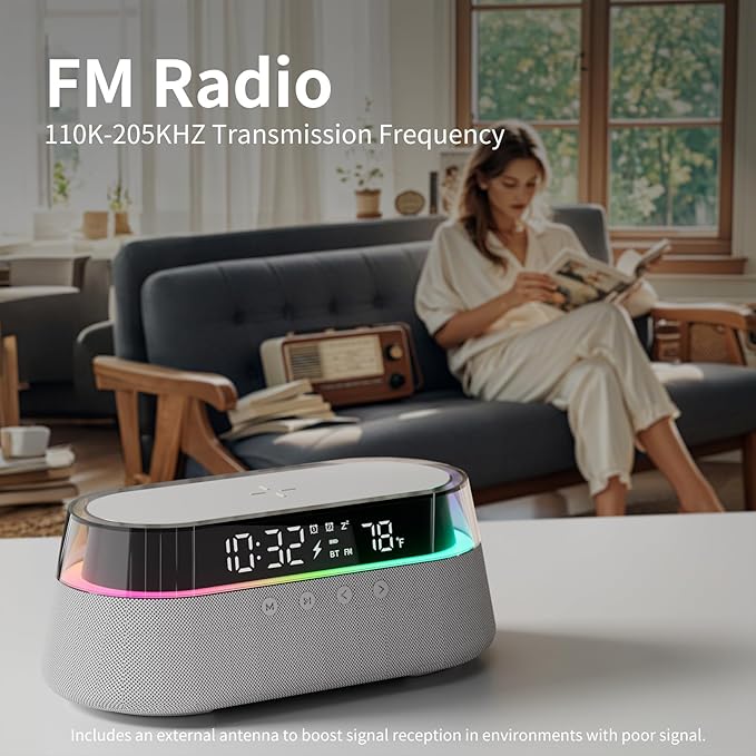 KUANGXIANG 6-in-1 Bluetooth Speaker Alarm Clock with Remote, 15W Fast Wireless Charger, FM Radio & Dimmable LED Night Light, Dual Digital Clock for Bedroom Home Office, Ideal for Him, Men Women