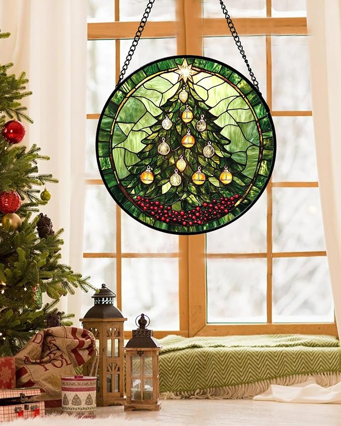 DASTOLL Stained Glass Window Hanging - Green Christmas Tree Golden Bells Suncatcher for Doors Home Christmas Decoration Sun Catcher Thanksgiving New Year Birthday Gift for Women Men Mom Nana 15 in