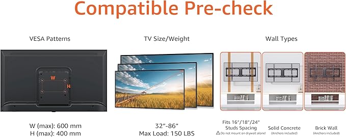 Amazon Basics Low Profile TV Wall Mount with Horizontal Post Installation Leveling for 32 to 86 inch TVs, Black