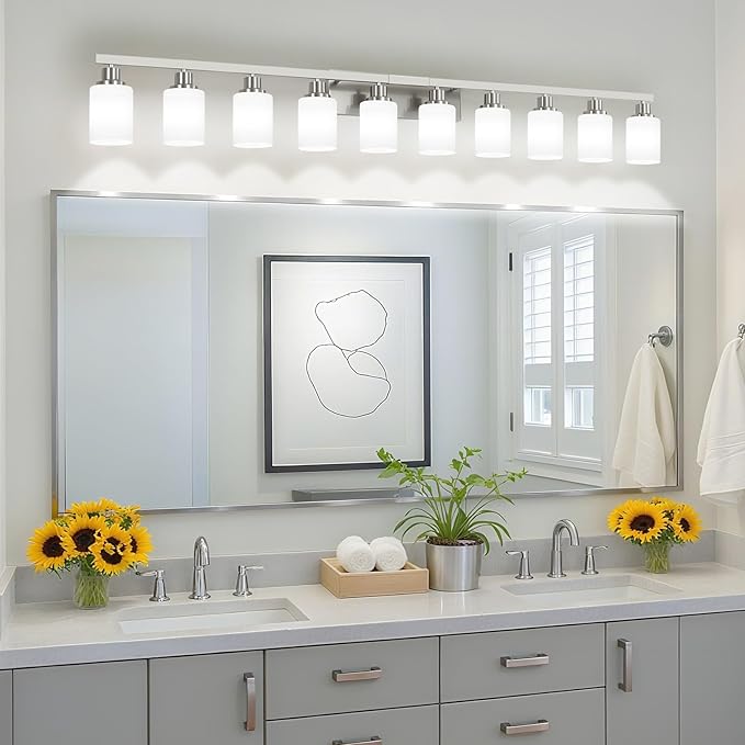 DIKAIDA 10-Light Bathroom Vanity Light Brushed Nickel,64.5in Vanity Lights with White Frosted Glass,Modern Bathroom Wall Lights Fixtures Over Mirror,Wall Sconces Lighting for Bedroom Living Room,E26