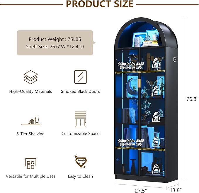 Dystler Arch Display Cabinet with Doors and Adjustable Shelves, 76" Tall Curio Cabinet with LED Lights/Storage Space, 6 Tier Display Case Bookcase for Collectibles Bedroom Living Room Office, Black