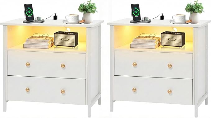 Tykacna 27 Inch Wide Night Stand, Large Wood Night Stand Set 2 with 2 Drawers, LED Nightstand with Charging Station and Adjustable Drawer, Bedside Table for Living Room/Bedroom/Study/Office, White.