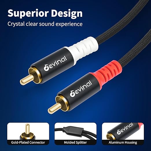 Devinal 10FT RCA Cables, 2RCA to 2RCA Audio Cable, Male Stereo RCA Cord Shielded Braided for Home Theater, HDTV, Amplifiers, Hi-Fi Systems, Car Audio, Speakers