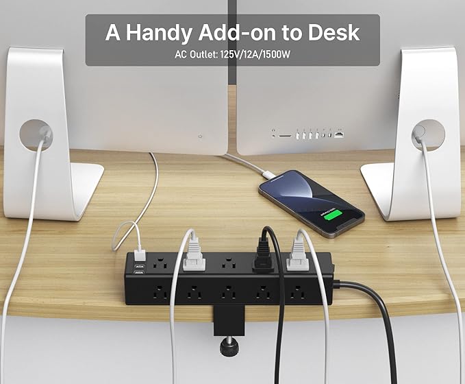 CCCEI Standing Desk Clamp Power Strip with 15 Outlets, Widely Spaced Desktop Edge Mount Surge Protector Outlet, Fast Charging USB-A and USB-C Ports, 10 FT Flat Plug, Fit 1.6 inch Table top. Black