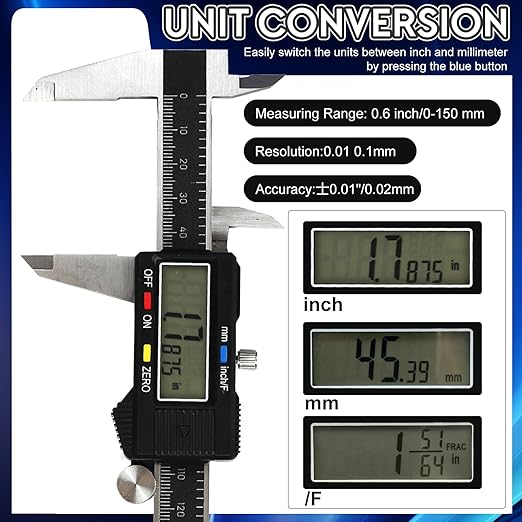 Simhevn Digital Caliper Measuring Tool,with Large LCD Screen, Easy Switch Inch/MM/Fraction,6inch/150mm Stainlee Steel Caliper and 8inch/200mm Stainlee Steel Ruler for DIY/Household