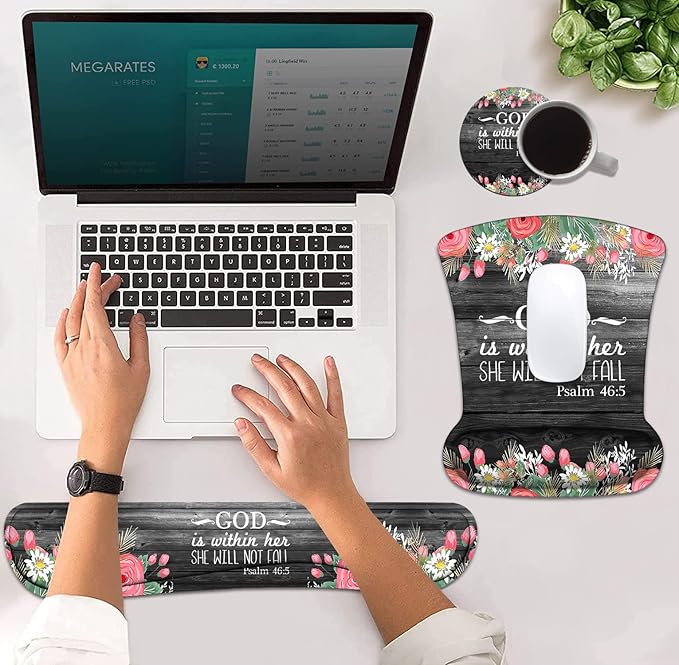 Ergonomic Mouse Pad Wrist Support and Keyboard Wrist Rest Set with Coasters, Non-Slip PU Base, Easy Typing and Relieve Wrist Pain for Home Office Working Studying, Floral Quote Bible Verses Psalm 46:5