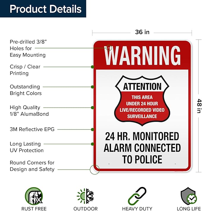 Warning 24 HR. Monitored Alarm Connected To Police Sign, 36x48 Inches, Reflective, Rust Free DiBound, Fade Resistant, Made in USA by My Sign Center