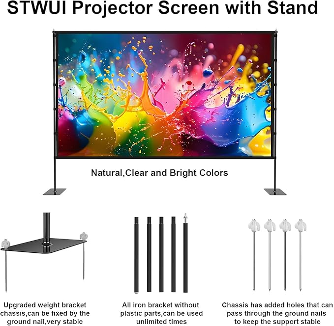 STWUI Outdoor-Projector-Screen-with-Stand - 120 inch Portable Projector Screen Indoor Outdoor Projector Screens 16:9 4K HD Lightweight Movie Screen with Carry Bag for Backyard Movie Night
