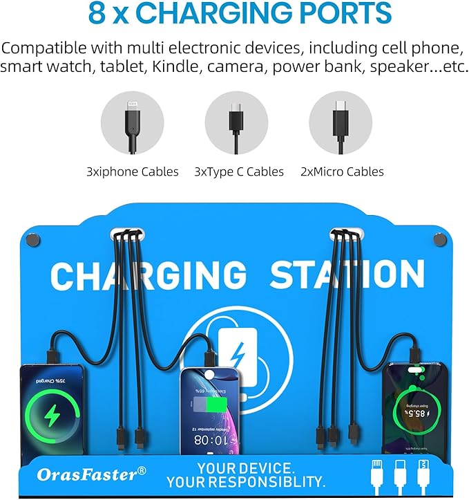 Orasfaster Wall Mounted Cell Phone Charging Station | Multi-Device Station with 8 Port Charging Dock | Application for Library, Hotel,Office,Hotels, Hospitals