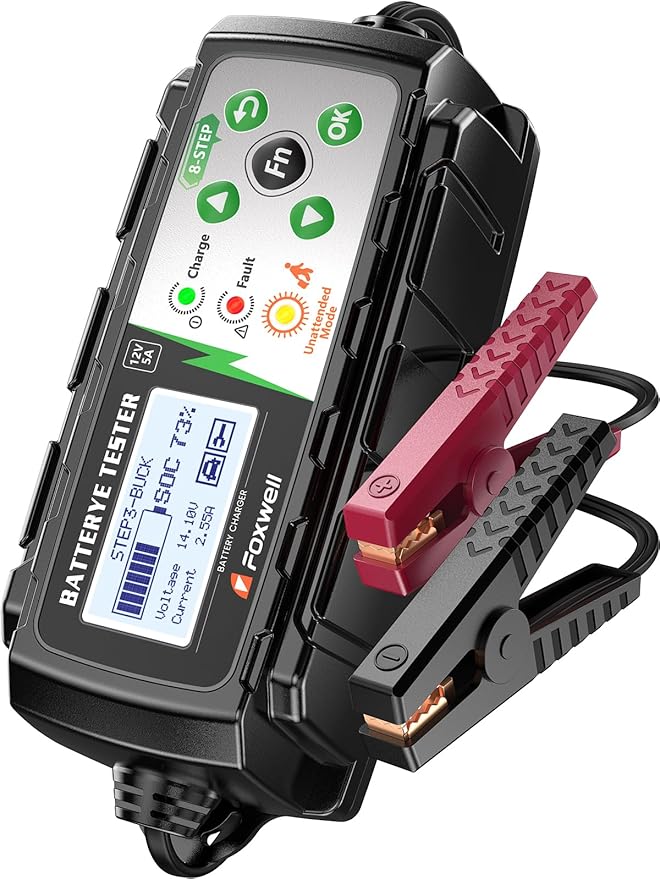 FOXWELL BC521 5A 12V Battery Charger & Tester, 4-in-1 Battery Maintainer, Trickle Charger & Starting/Charging System Tester, Smart 8-Stage Charging, Pulse Repair, Unattended Mode for Car/RV/Motorcycle