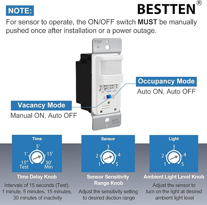 BESTTEN 5 Pack Motion Sensor Light Switch, PIR Vacancy & Occupancy, 800W 1/6 HP, 120/277V, Single Pole, Neutral Wire Required, Wallplate Included, UL Listed, White