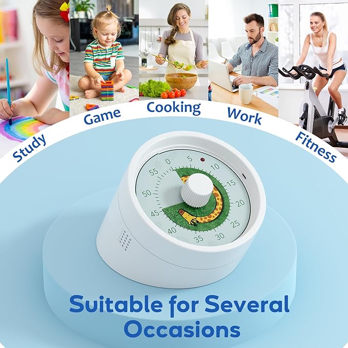 BellMan Visual Timer, 60 Minute Countdown Timer for Kids and Adults with Silent Operation, Study and Meetings Time Management Tool, Timer for Kitchen Office Classroom, Gift with Giraffe (White Green)