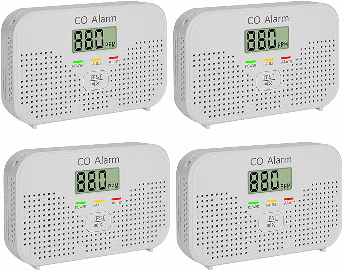 Carbon Monoxide Detector Powered by AA Battery (not Included),CO Monitoring Alarm with LCD Display Screen, Used for Home Basement Kitchen, Hotel Garage, Bedroom, Living Room Voice Alarm 4 Pack