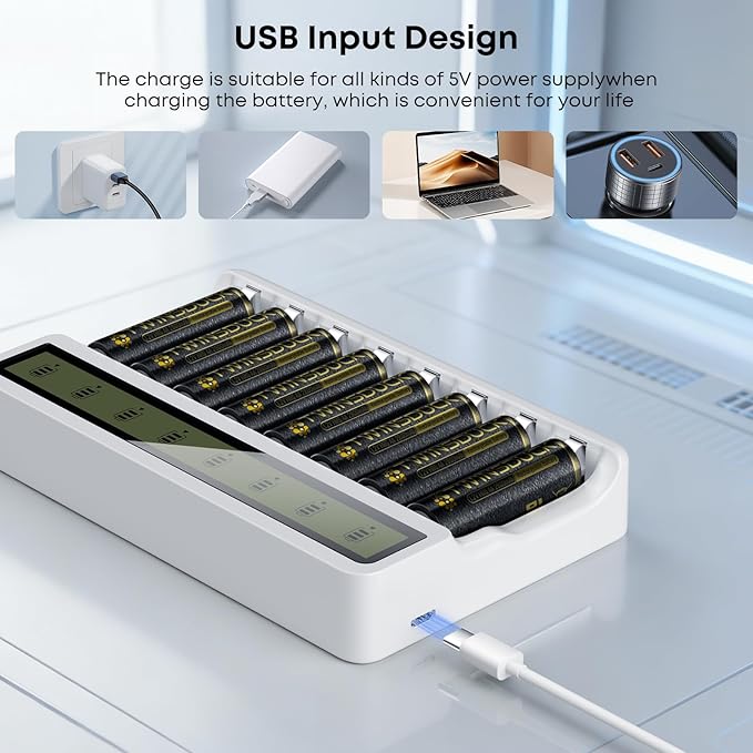Rechargeable Battery Charger, 8 Bay AA AAA Smart Charger with LCD Display, Independent Slots for Ni-MH Ni-CD Batteries