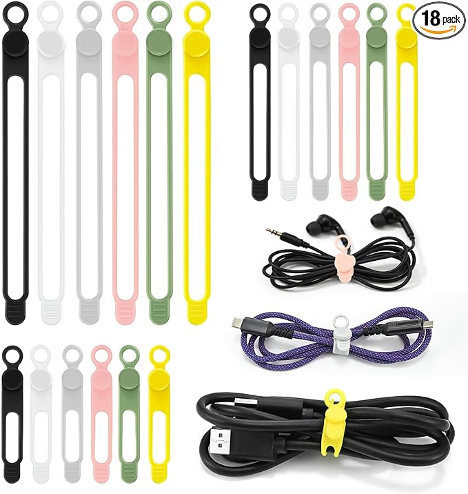 CozyNestMo Silicone Cable Ties Reusable, Elastic Wire Organizer Ties, for Charging Cables, Electrical Cords, Computer Wires, USB Data Cable Management, Cord Organizer (6 Colors, 3 Sizes)