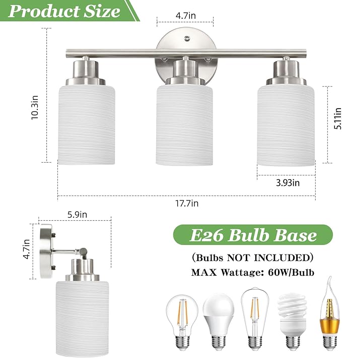 Guliaofo 3-Light Bathroom Light Fixtures, Vanity Lights for Mirror with Textured Milky White Glass Shade, Modern Kitchen Light Fixtures Wall Sconce Light - E26 Base - Brushed Nickel