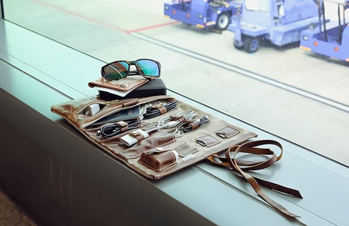 Tech Roll Organizer, Travel Tech Organizer, Cord Organizer, Jewelry Case (Natural - Brandy)