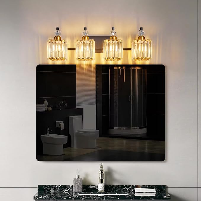 BBLLWJ Black and Gold Bathroom Lights Fixture 4-Light Bathroom Light Gold Brushed Brass Finish Crystal Vanity Light Fixtures Modern Bathroom Light Fixtures Over Mirror