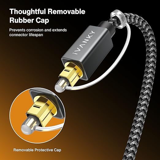 IVANKY Optical Audio Cable 3.3ft/1M Digital Audio Optical Cable for Soundbar, S/PDIF Toslink Fiber Optic Cord [Braided, Gold-Plated Connectors, CL3 Rated] for TV, Samsung, Xbox/PS4, Sonos-Grey