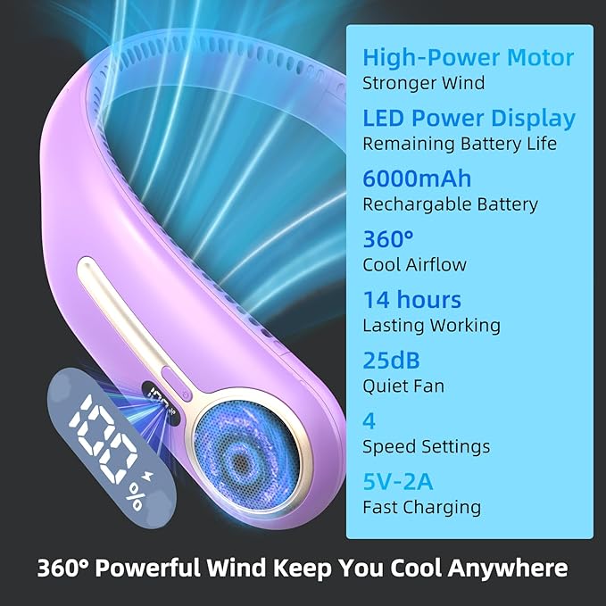Portable Neck Fan,Hands Free Personal Wearable Bladeless Fan,6000mAh USB Rechargeable,360° Cooling,LED Display,4-Speeds,Birthday Gifts for Men Women Dad Mom,Valentines Day Gifts for Her Him (Purple)