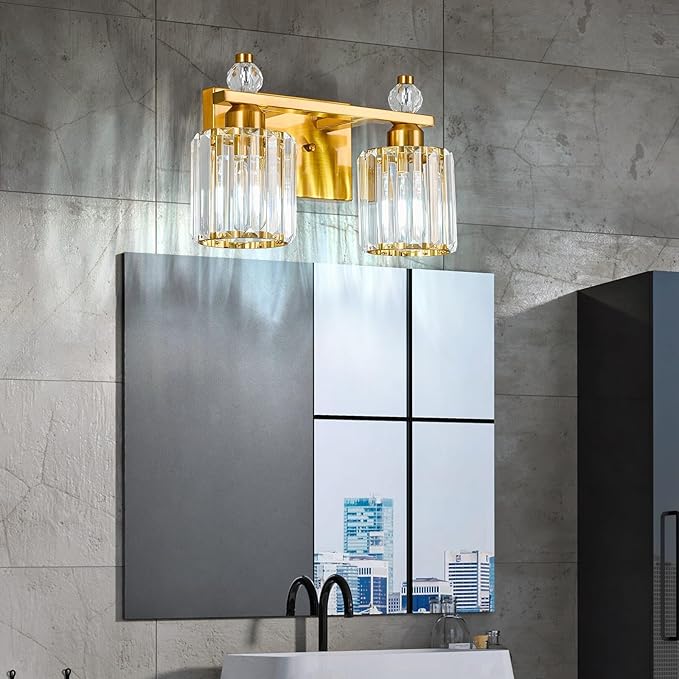 FDPBY Bathroom Vanity Lights 2-Light Gold Modern Crystal Vanity Light Fixtures Over Mirror Crystal Bathroom Vanity Lighting Fixtures