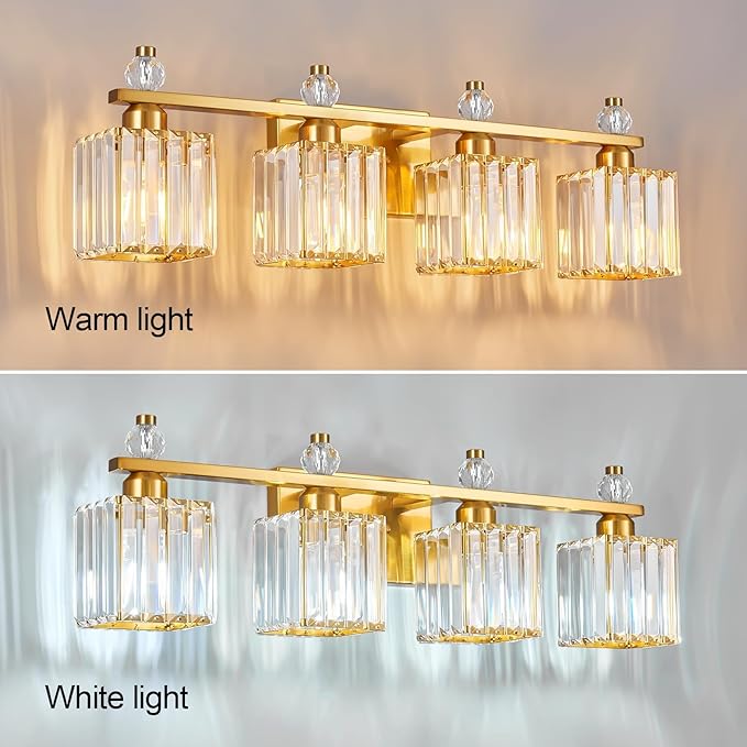 FDPBY Vanity Lights 4-Light Modern Crystal Vanity Light Gold Bathroom Light Fixtures Over Mirror Crystal Bathroom Vanity Lighting Fixtures
