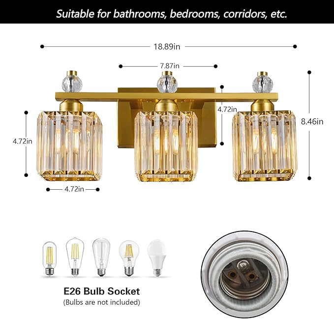 FDPBY Bathroom Vanity Lights 3-Light Modern Crystal Vanity Light Gold Bathroom Light Fixtures Over Mirror Crystal Bathroom Vanity Lighting Fixtures
