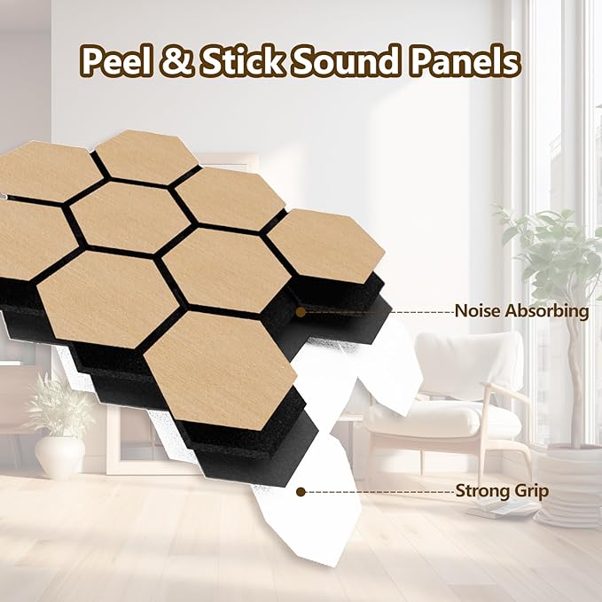 Hexagon Acoustic Wall Panels, Self-Adhesive Sound Absorbing Wall Panel by ARMURO, 4 Pack Covers 19.27 Sq Ft, Peel and Stick Noise Reducing for Home Office Studio Bedroom Wall Decor