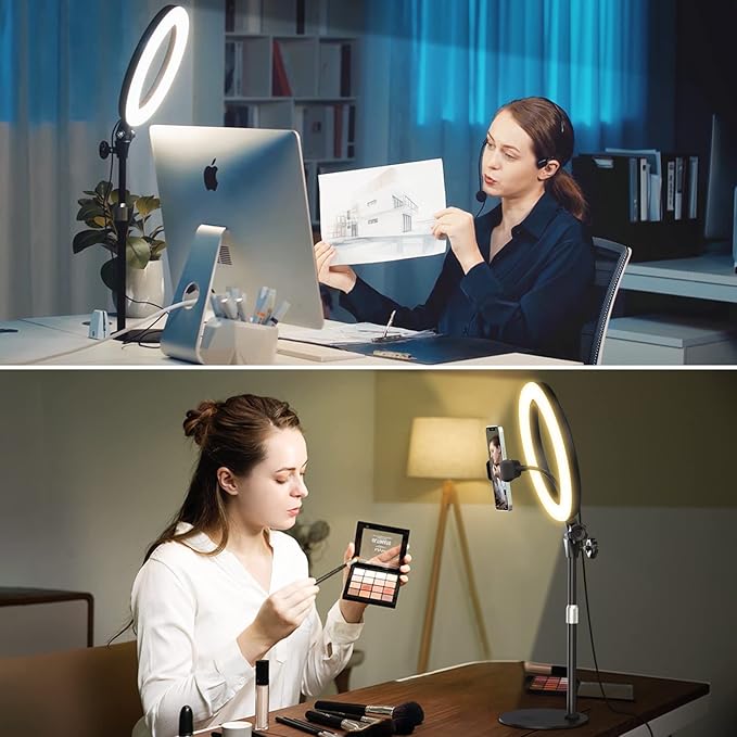 Desk Ring Light with Stand - 10.5'' Desktop Ring Light with Phone Holder for Video Recording, Circle Light for Computer Zoom Meeting Video Conference Lighting Video Calls Podcast Streaming