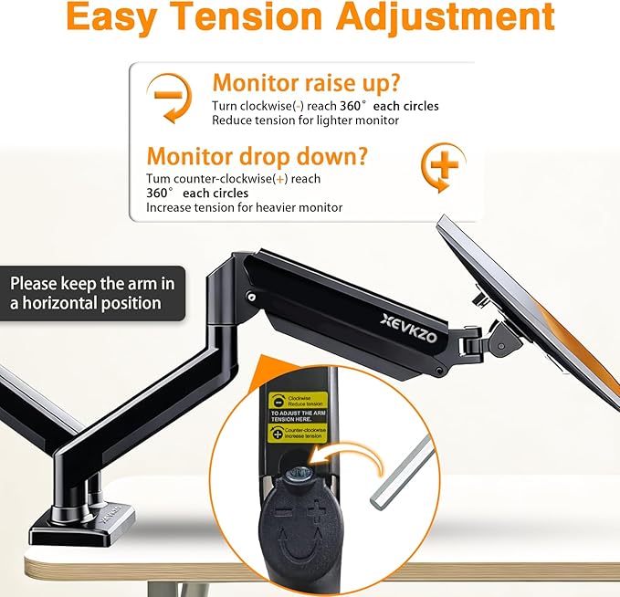 XEVKZO Dual Monitor Arms, Gas Spring Monitor Arms for 2 Monitors up to 34" Curved/Flat, 22lbs per Arm, VESA Mount 75x75 100x100mm, C-Clamp & Grommet Base, Adjustable Tilt/Swivel/Rotation