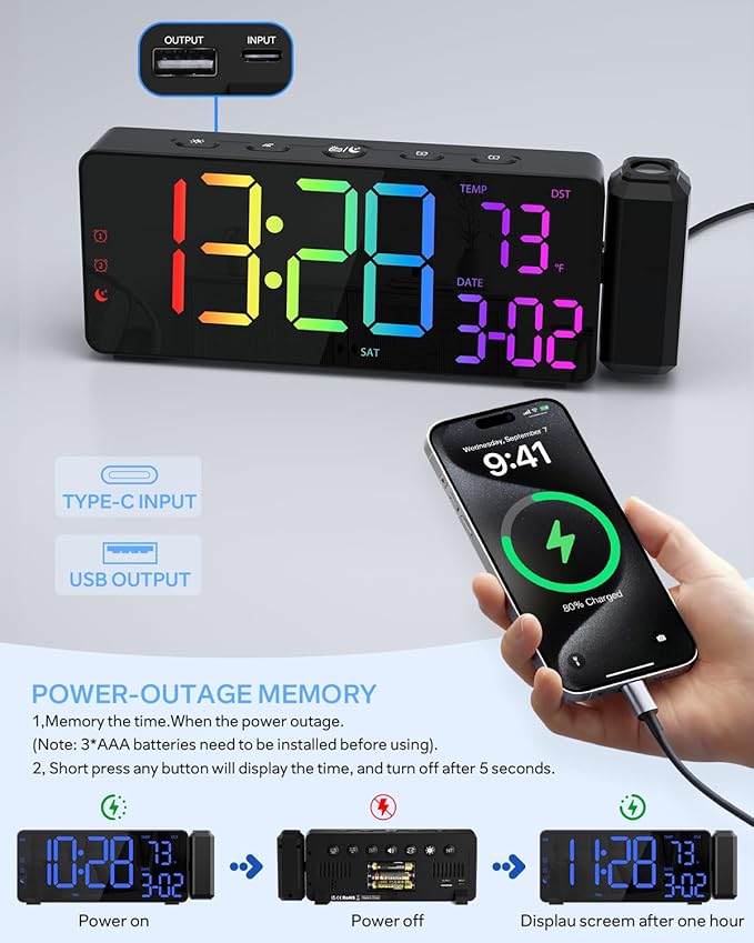 EVILTO Projection Alarm Clocks, RGB Desk Clock with 180° Rotatable Projector 15 Color Display, Date Temperature and Weekday, DST, Snooze, Ambient Lighting for Living Room,Bedroom Bedside Office Decor