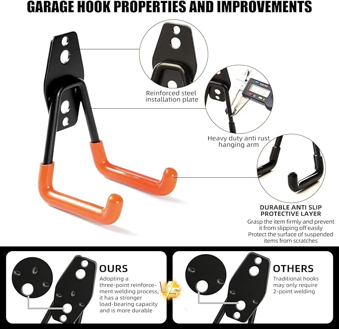 CRXCRC Garage Hooks, 4 Pack 7.7inch Large Square Wall Hooks for Hanging Heavy Duty Ladders, Bikes, Tools Ideal for Garage, Garden, Basement Utility Room Storage (Black)