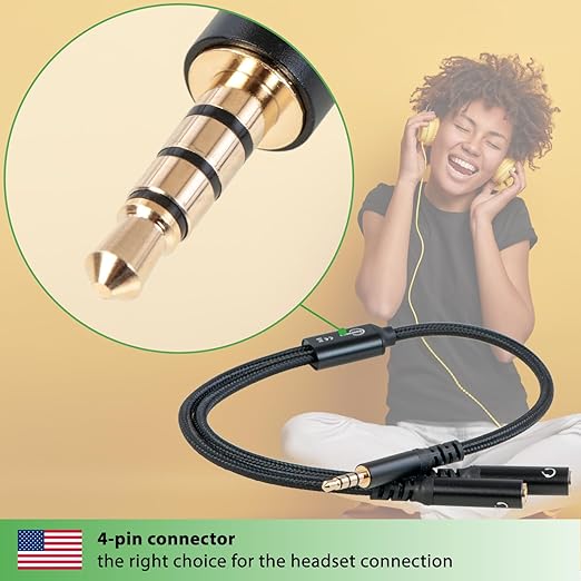 fouraces AUX y Splitter - 4 Pole, Adapter Cable Very Short - 1 ft - 3.5 mm - 2 Headphone Connections for PC, PS4, Microphone - Jack Crossover, Audio Splitter for Two People