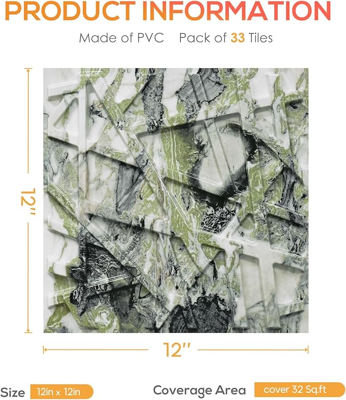 LEVOWAY 33 Pack 3D Wall Panels for Interior Wall Decor, 12''x12'' Ice Green Marble Effect Accent Textured Wall Panels, Wall Covering Panles for Living Room, Gaming Room, TV Background, Cover 32 Sq.Ft