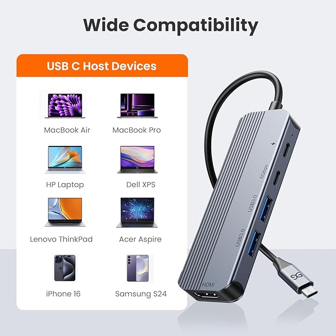 GUSGU USB C Hub with 4K HDMI (5-in-1 Gray), 2*USB 3.0, 5Gbps Type C Port, PD Charging 100W, Multiport Adapter for HP Laptop, MacBook Pro/Air, Dell Inspiron/XPS, Acer, Lenovo