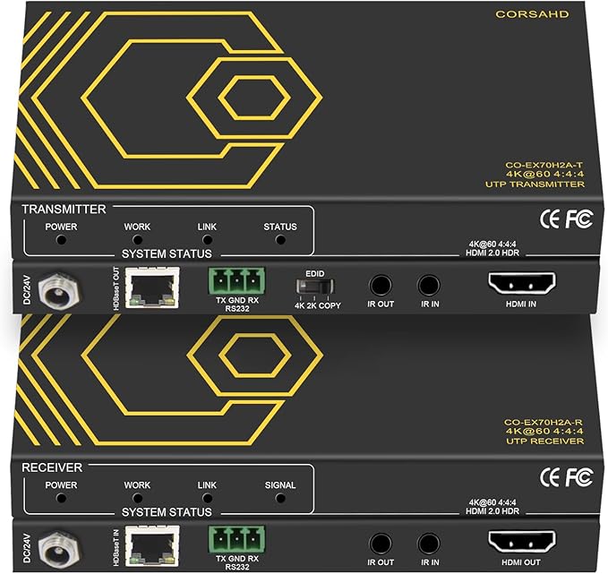 HDMI Extender Over Ethernet 4k 60HZ Uncompressed 18G/BPS Over Single Cat5/6 up to 40m(165ft), RS232+POE+IR+HDCP2.2, HDR CEC EDID Management.