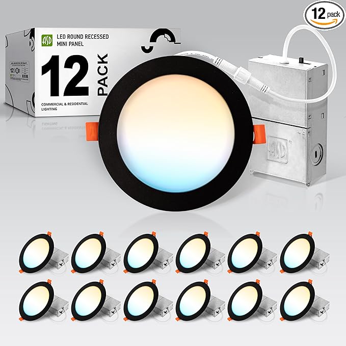 ASD 12 Pack LED Recessed Lighting 6 Inch 15W, 5 CCT 2700K-5000K CRI90+, IC Rated Ultra Thin Dimmable Ceiling Lights with J Box, Canless Wafer Downlight, Round Slim Panel Light, UL Energy Star, Black