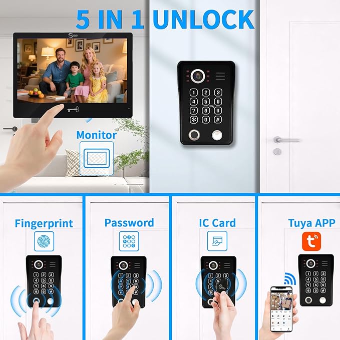 Wired Video Apartment Intercom System,Door Phone Kit,10 Inch Touch Monitor with 1080P HD Doorbell Camera,Supporting Motion Detecting 5 in 1 RFID Card Unlcking for Home Villa (2 Doorbell + 1 Monitor)