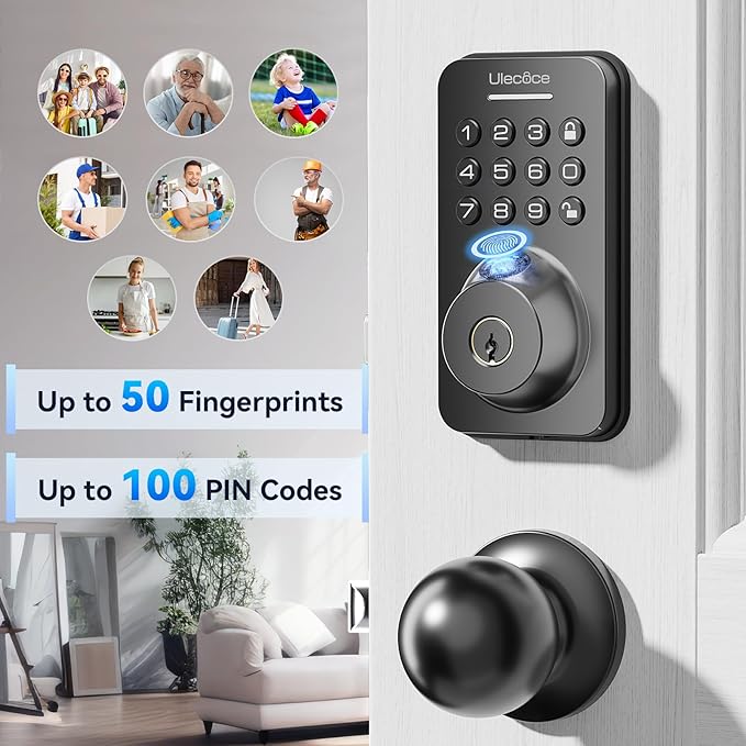 Ulecoce Fingerprint Keypad Deadbolt with Handle Set, Keyless Entry Door Lock, Door Locks for Front Door Lock Set, App Control, Auto Locking, Easy to Install, Matte Black