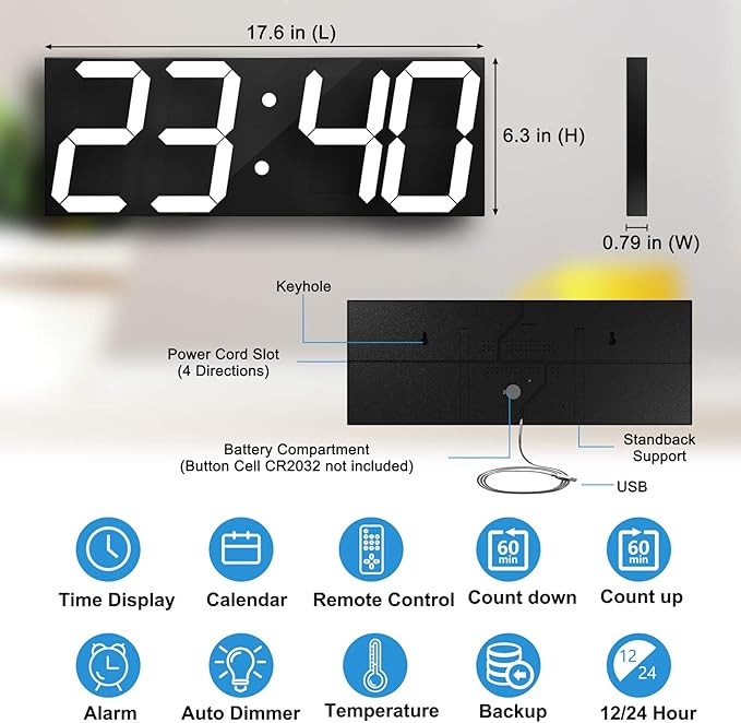 CHKOSDA LED Large Digital Wall Clock, Oversize Wall Clock with 6” Numbers, Remote Control Count up/Countdown Timer Clock, Auto Dimmer, Big Calendar and Thermometer(White)