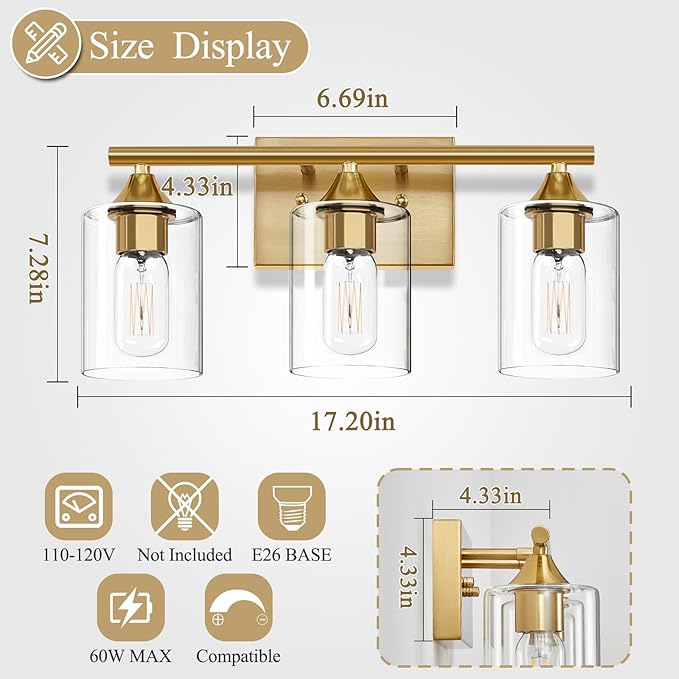 XPEHK Gold Bathroom Light Fixtures,3-Light Vanity Lights,Modern Brushed Brass Gold Wall Sconce Lighting,Bathroom Wall Lamp for Mirror Bedroom Living Room Vanity Table Hallway