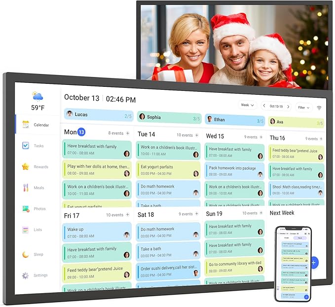 24" Digital Calendar Picture-Frame for-Wall-Planner - Interactive Display Electronic Calendar Picture Frame, Star Reward, Chore Chart, Sync Google iCloud Outlook Calendar, Wall Mount, Gift for Mom Dad