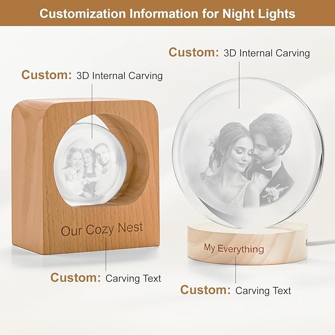 Yijhpbc Custom 3D Crystal Photo Night Light Personalized Photo Crystal Ball Engraved Picture Lamp with Wood Base Memorial Gift for Pets Family Couple Birthday Valentine's Day (Style 3)