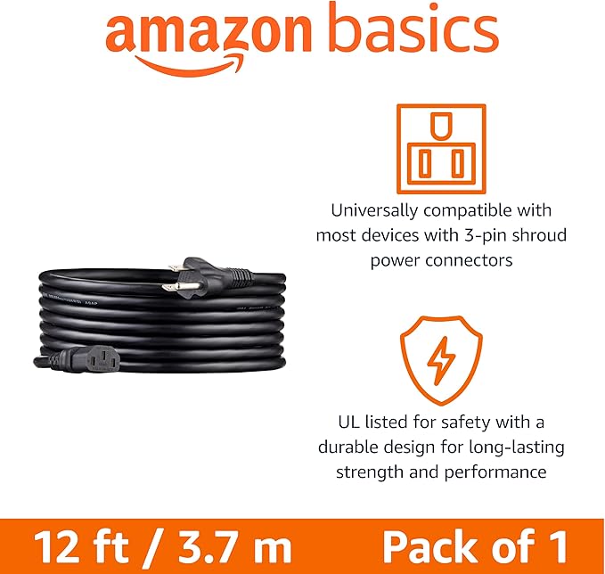 Amazon Basics PC Power Cord, 12 feet, AC Power Cord for Monitor, Computer, TV, 3 Prong, 18 AWG, 125 Volts, Black