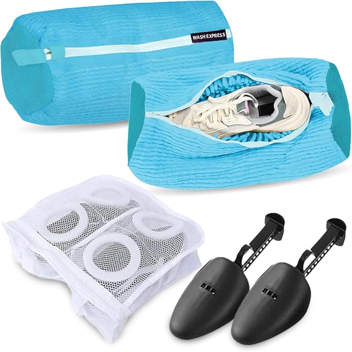 Wash Express Shoe Cleaning Kit: Shoe Washing Bag (2pcs), Mesh Laundry Bag for Shoe Dryer and Adjustable Shoe Trees (5 pc kit)