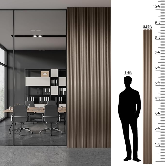 Art3dwallpanels Slat Wall Paneling, 104'' x 6.3'' Glossy Metal Finish WPC Soundproof 3D Wall Panels for Interior Wall Decor, 8 Pack Wavy Grain Panel Wall Slats, Brushed Brown